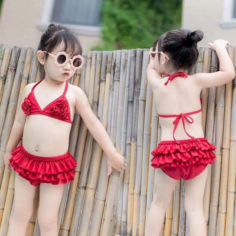 Đồ Bơi 2 Mảnh Đính Hoa Màu Đỏ Siêu Cưng Bé Gái |Bikini Cho Bé Diện Hè