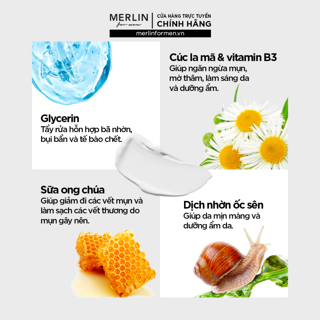 Sữa rửa mặt nam Merlin Sữa rửa mặt kiểm soát dầu, trắng da cho nam Merlin facial wash oil control tuýp 100ml
