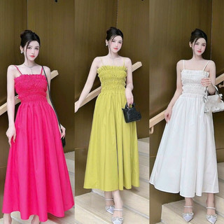 Đầm 2dây thời trang nữ mặc đi chơi  chạy chỉ thun nhún cột dây lưng chất Lụa 100D váy xoè dáng dài,