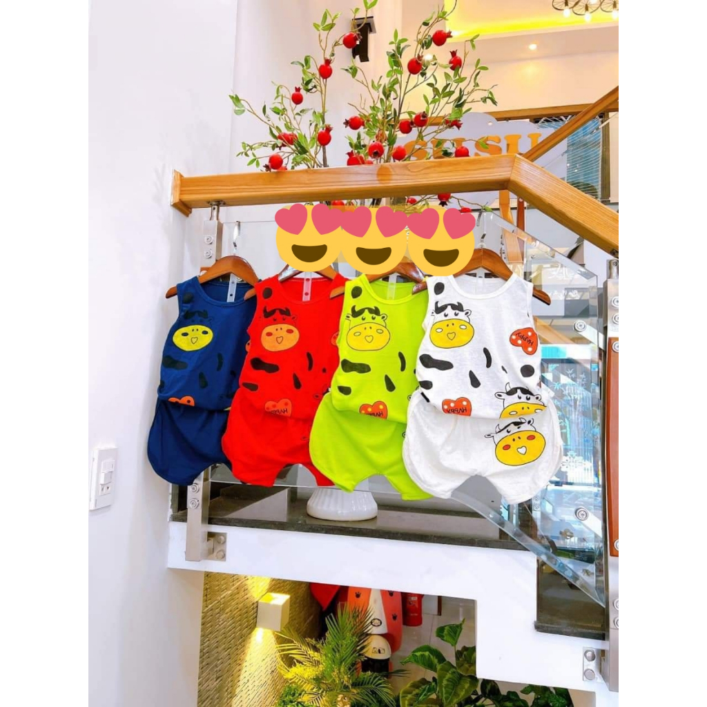 Combo 2 bộ ba lỗ Cotton in hình bò sữa , chú chó đáng yêu (9-17kg)