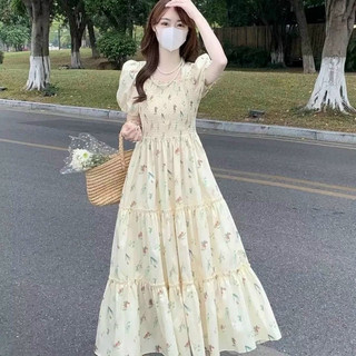 Đầm Maxi Thời Trang Nữ Mặc Đi Chơi Chất Vải Xốp Hoa In Dập Mocking Thân Trước Sau Tay Phồng Ngắn,