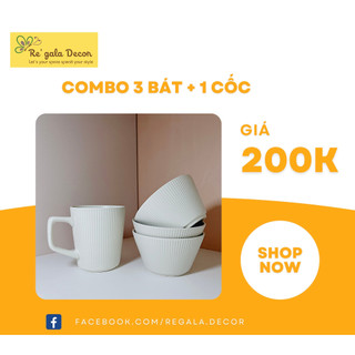 Set 4 món gồm 3 Bát sứ nhỏ ăn cơm, cháo, soup, chè và 1 cốc sọc nổi màu trắng cao cấp - Regala Decor