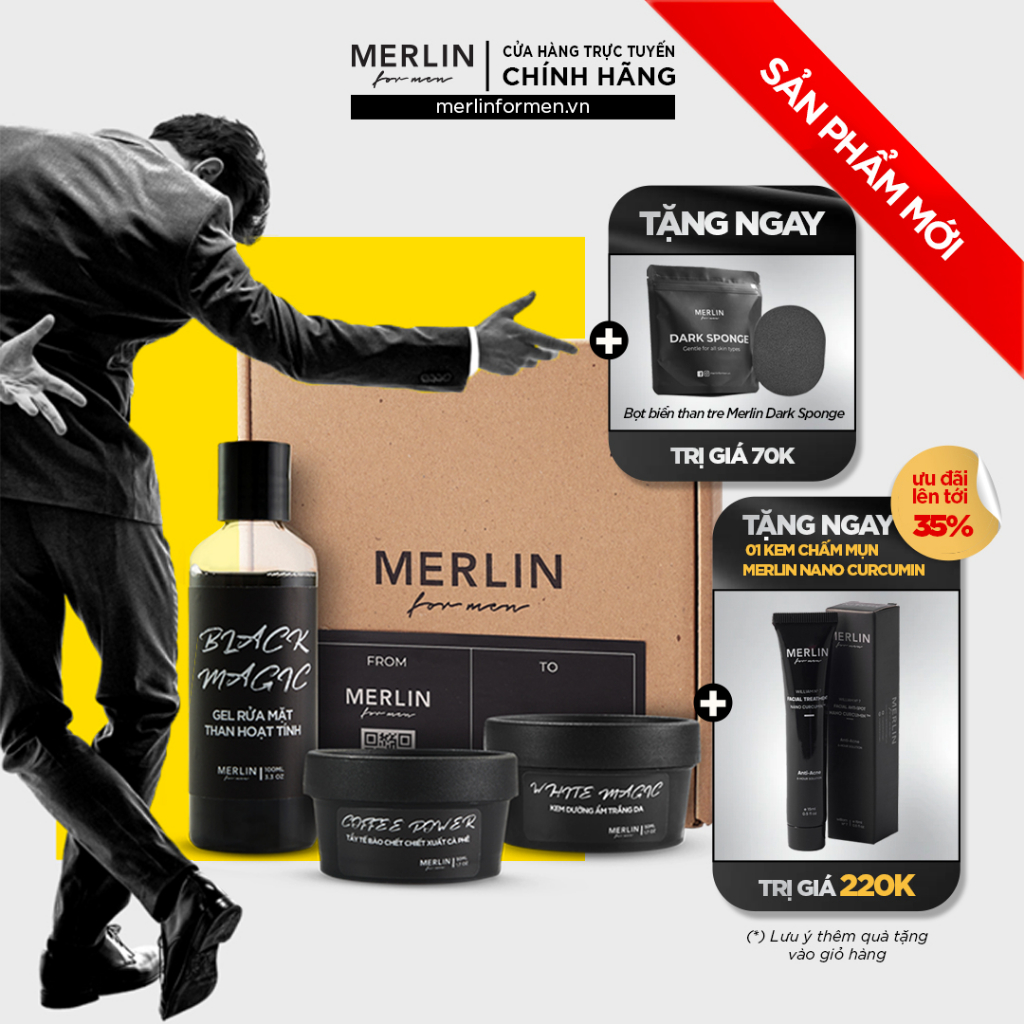 Combo dưỡng da sáng mịn Merlin For Men - Gel rửa mặt than hoạt tính, Tẩy tế bào chết chiết xuất cà phê và Kem dưỡng ẩm t