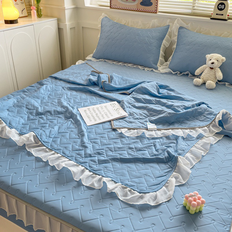 Set chiếu điều hoà mix chăn thun lạnh cực dày dặn , phối viền bèo ren điệu đà phong cách