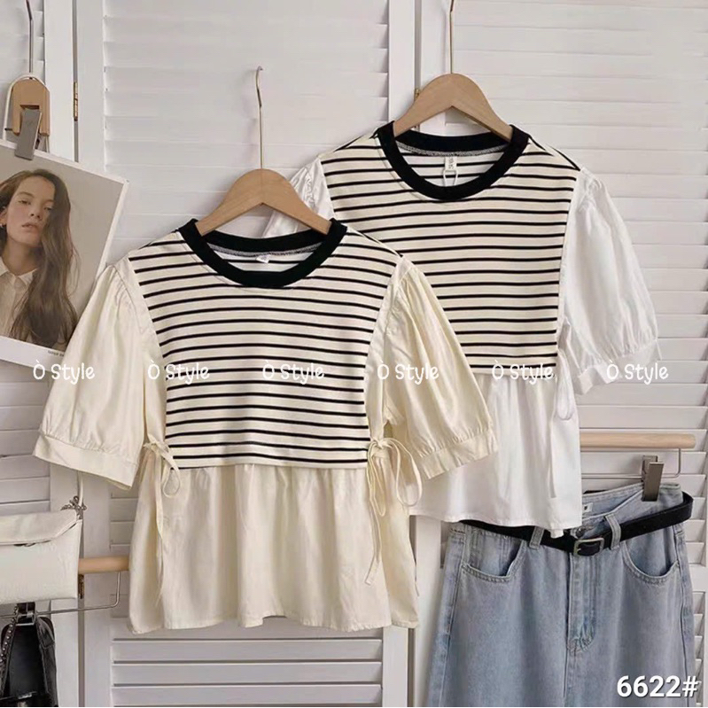 Áo kiểu babydoll phối len sọc buộc eo