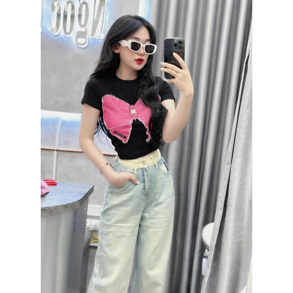 Áo phông cotton thêu nơ hồng croptop hàng quảng châu (kèm ảnh thật)