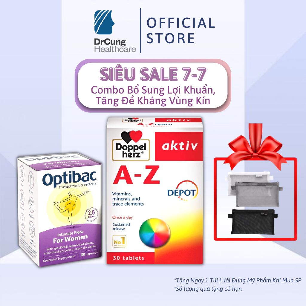 Bác Sĩ Cung Combo A Z Depot, Optibac Tím Lọ 30 Viên -Tăng Sức Đề Kháng, Bổ Sung Lợi Khuẩn, Vitamin, Phòng Bệnh Phụ Khoa