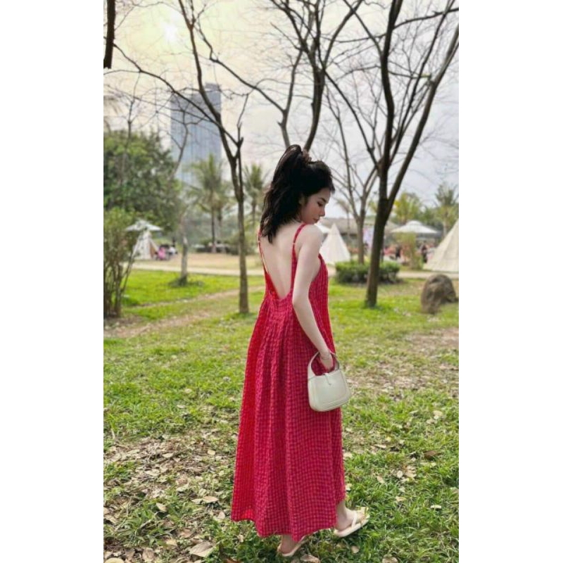 Đầm 2 dây caro hở lưng dáng dài loại chuẩn đẹp ( kèm hình tự chụp )