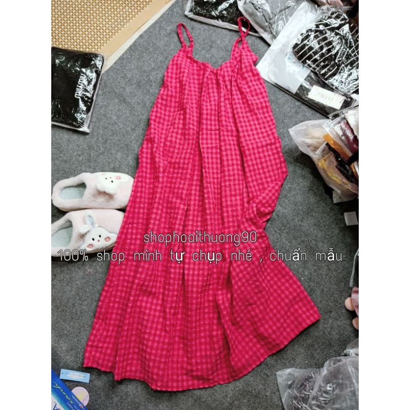 Đầm 2 dây caro hở lưng dáng dài loại chuẩn đẹp ( kèm hình tự chụp )
