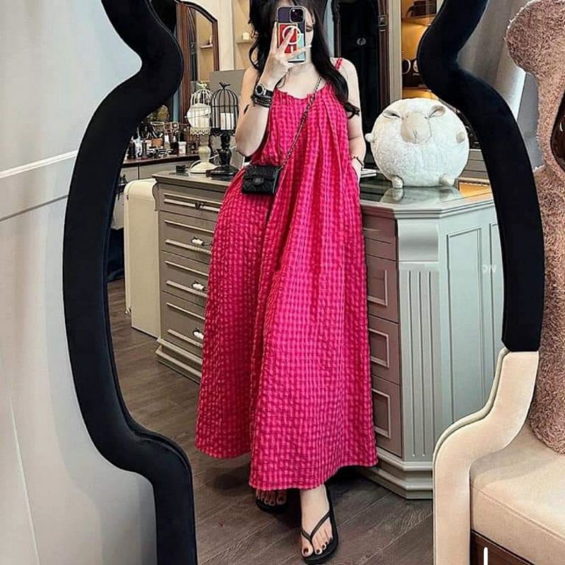 Đầm 2 dây caro hở lưng dáng dài loại chuẩn đẹp ( kèm hình tự chụp )