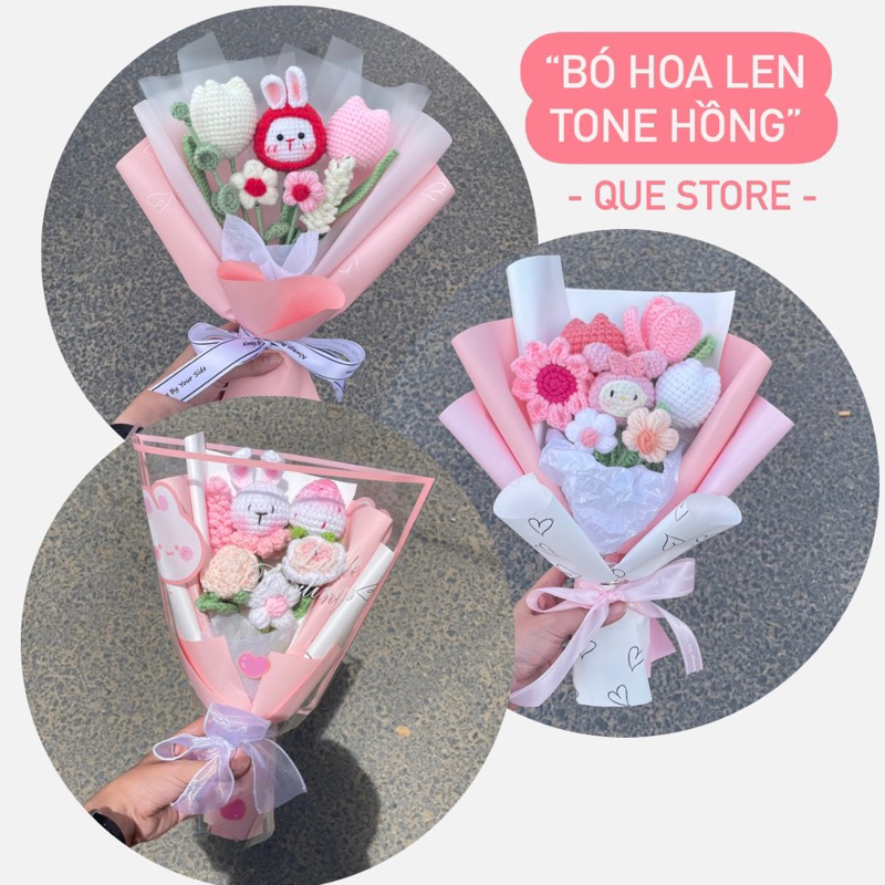 Bó Hoa Len Tone Hồng Ngọt Ngào - Hoa len handmade