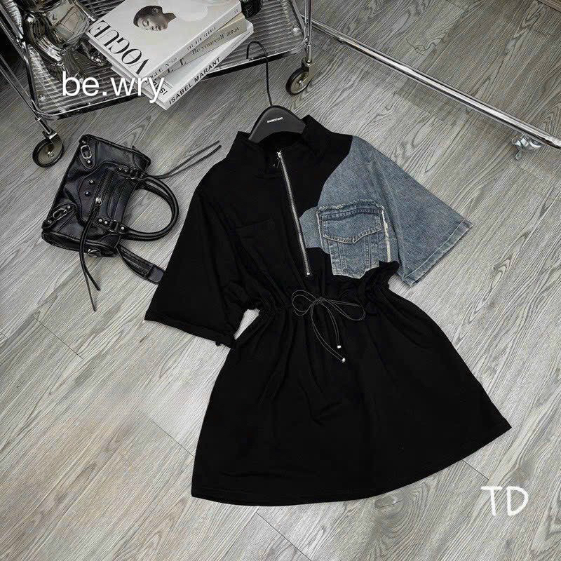 Đầm rút eo phối jean