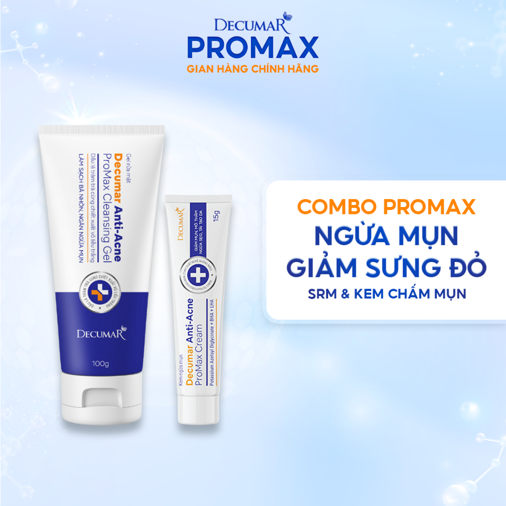 Combo gel giảm mụn mờ thâm Decumar Promax Anti-acne và sữa rửa mặt ngừa mụn - DH Beauty