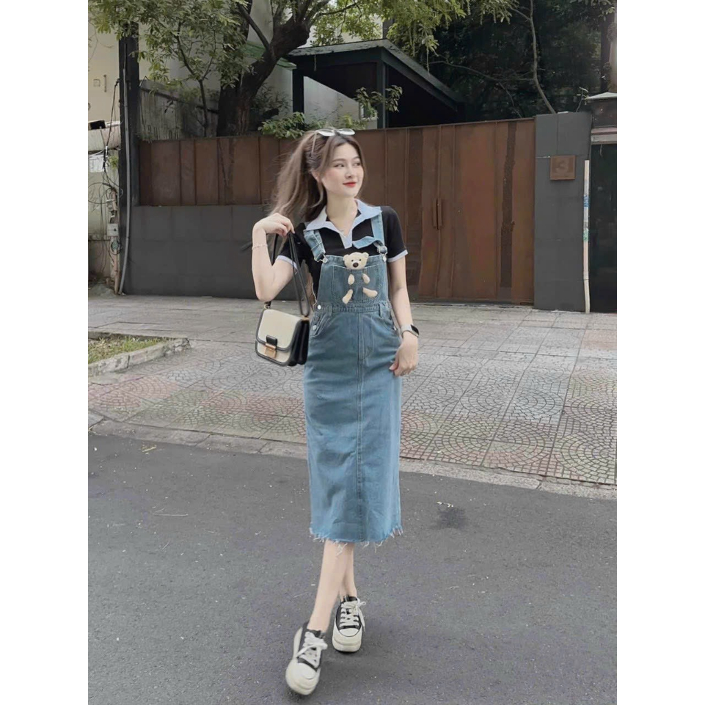 Bigsize Set yếm jeans gấu kèm áo cổ trụ 55-95kg