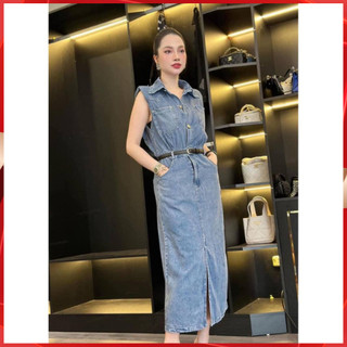 Đầm jean sát nách dáng dài có kèm đai tùy chỉnh eo - Váy bò sát nách nữ
