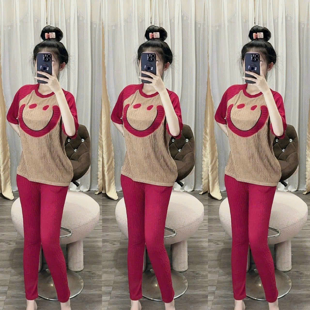 Sét bộ dài thêu hình mặt cười Cheeke Hourse_bộ xốp nhật quảng châu cao cấp,đồ bộ tay ngắn quần dài cực xinh