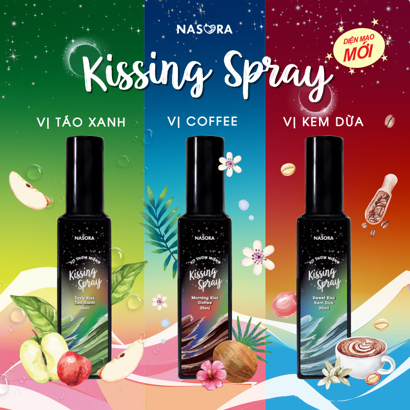 Xịt Thơm Miệng Kissing Spray Nasora 20ml Hương Bạc Hà Kem Dừa Táo Xanh The Mát Ngọt Ngào