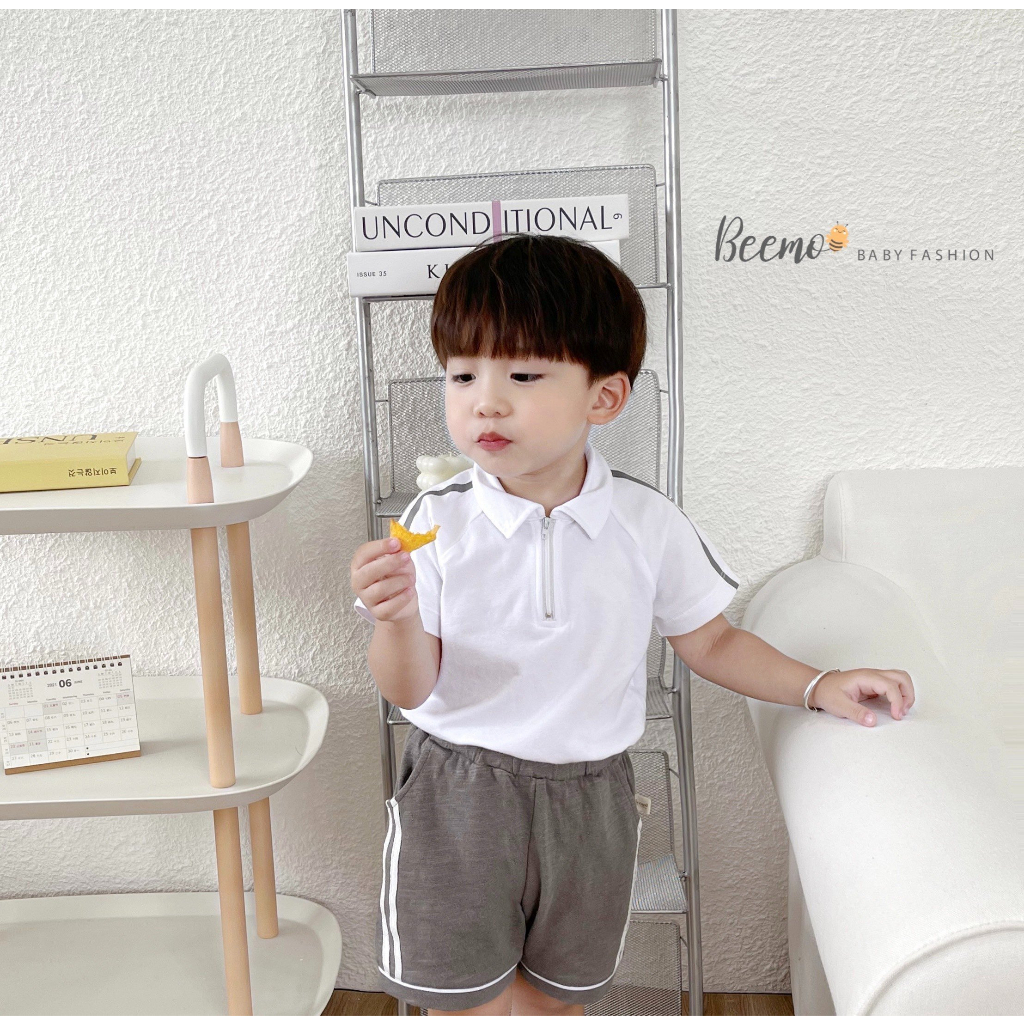 Set bộ quần áo bé trai Beemo kéo khoá in gấu FOUR sau lưng, mặc hè, vải cotton mát mẻ, co giãn 1 - 7 tuổi 23153B