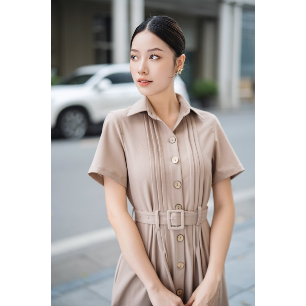 Đầm sơ mi nữ SPEARL xếp ly thiết kế váy mềm mịn chất vải trượt hàn - 23LF3B6896109