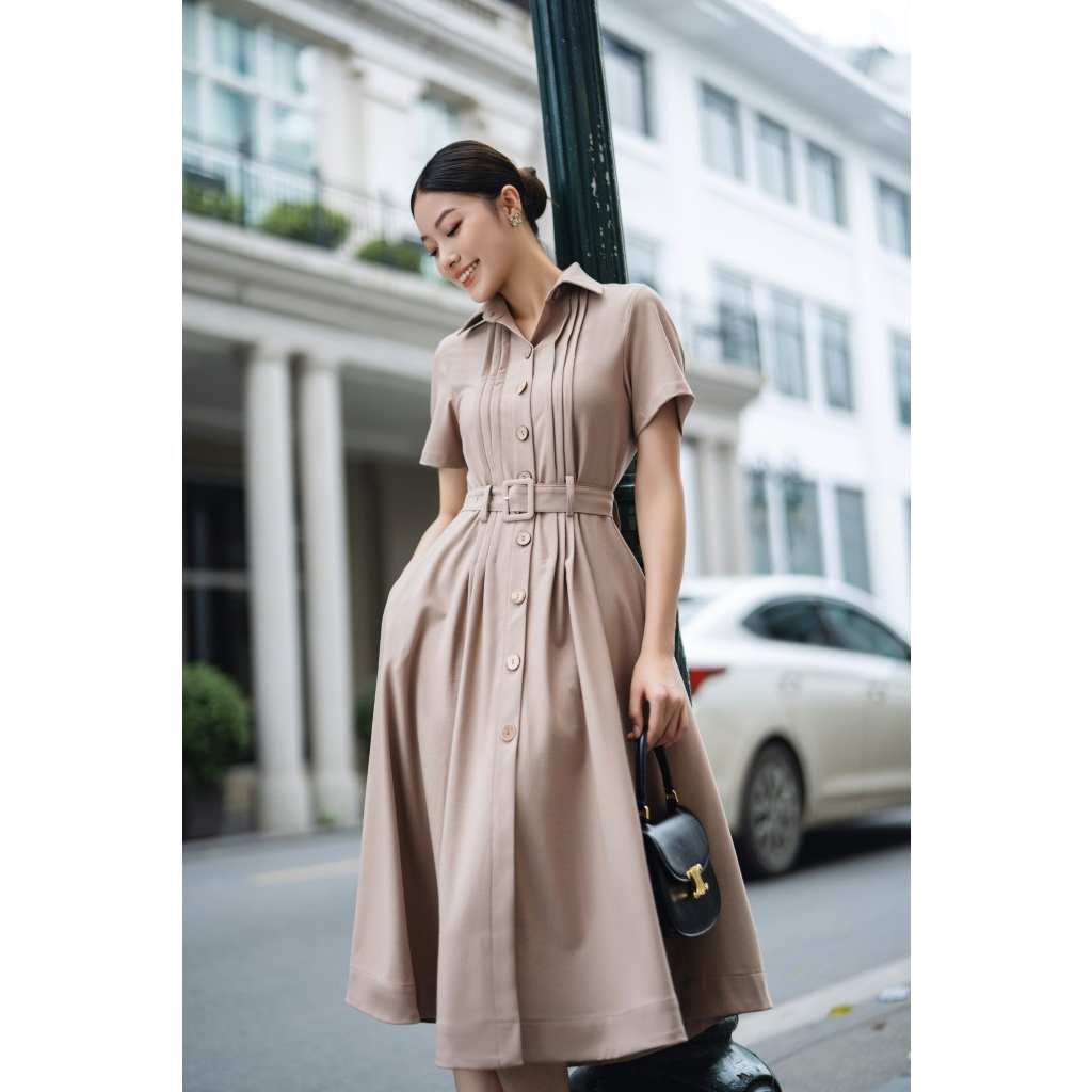 Đầm sơ mi nữ SPEARL xếp ly thiết kế váy mềm mịn chất vải trượt hàn - 23LF3B6896109