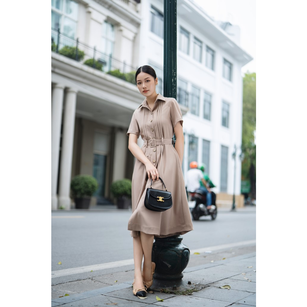 Đầm sơ mi nữ SPEARL xếp ly thiết kế váy mềm mịn chất vải trượt hàn - 23LF3B6896109