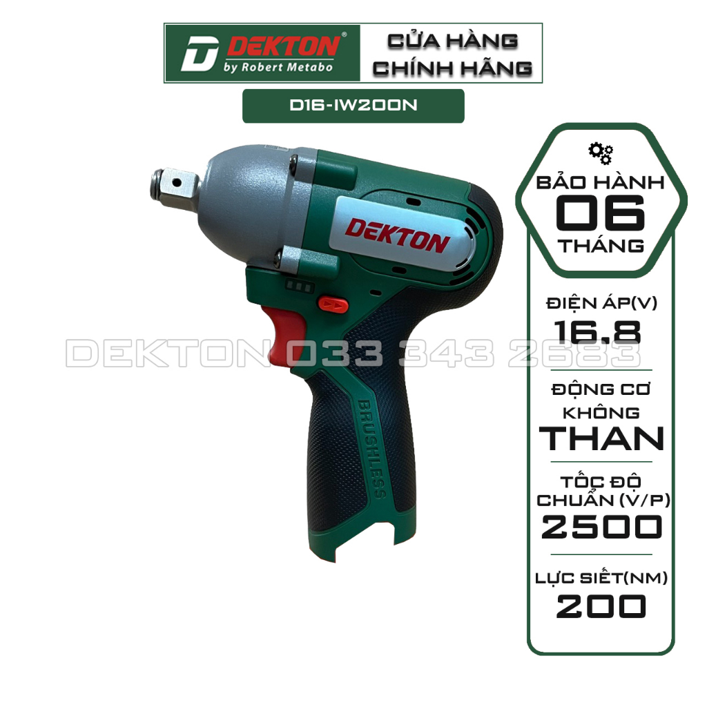 Máy siết bulong pin DEKTON IW200N, Động cơ Không chổi than, Thiết kế Compact nhỏ gọn, Lực siết 200Nm