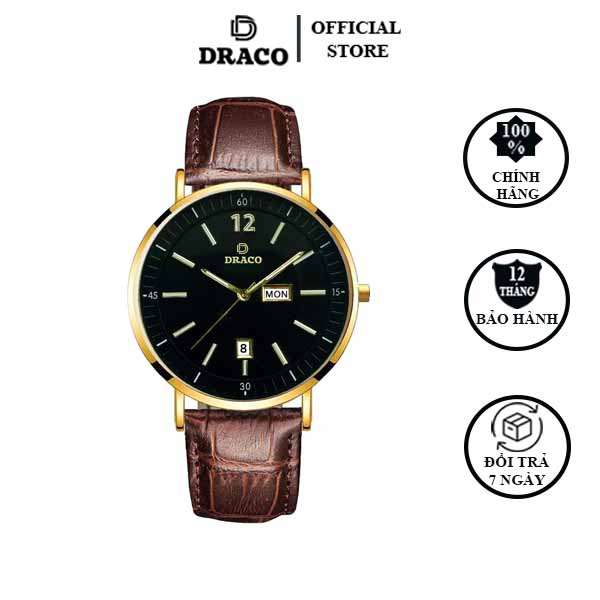 Đồng hồ nam Draco D21-ST01 "The First boy" VÀNG ĐEN DÂY DA NÂU- thời trang nam