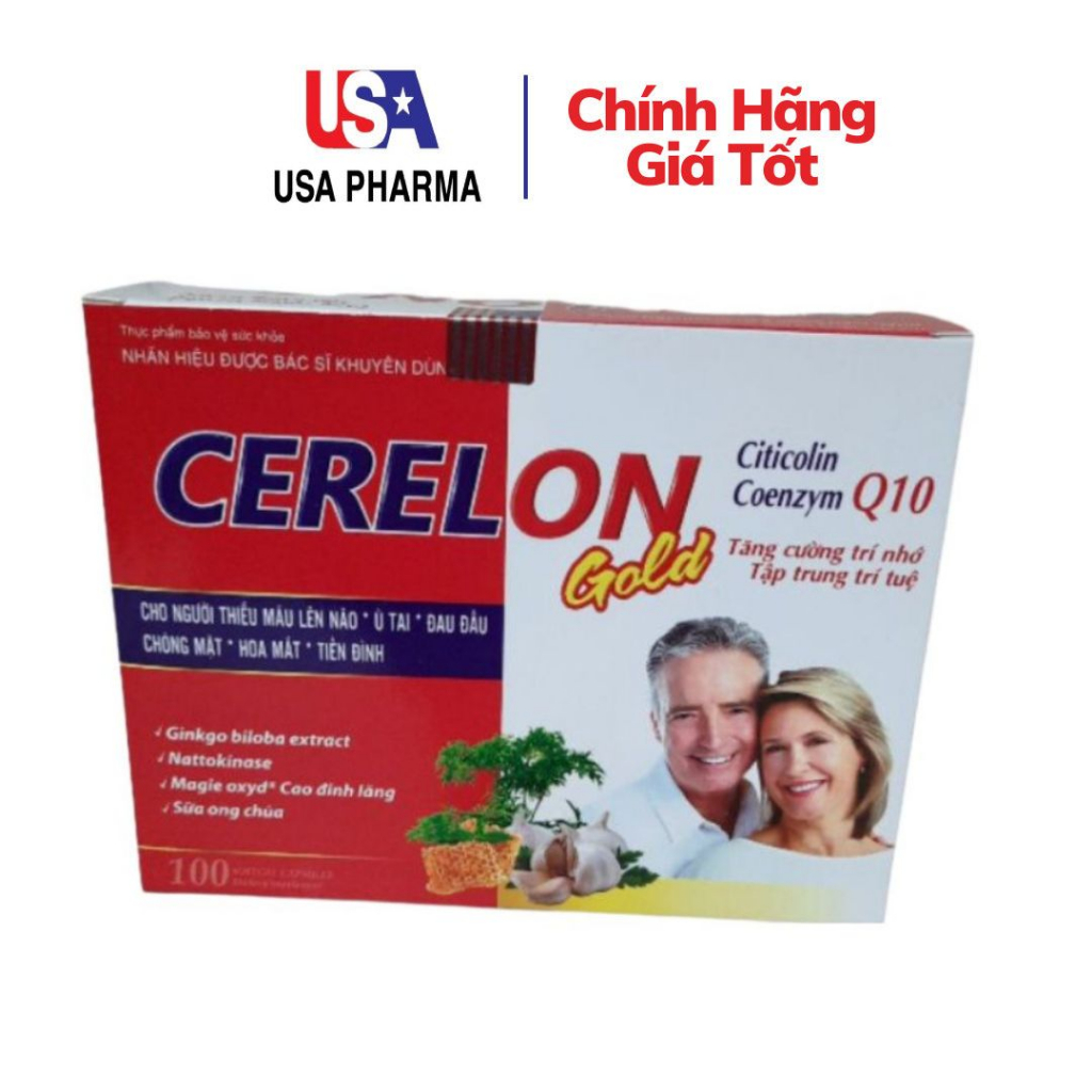 Viên uống hoạt huyết dưỡng não Cerelon Gold Citicolin Coenzym Q10 Giảm đau nửa đầu, hoa mắt, chóng mặt - Hộp 100 viên