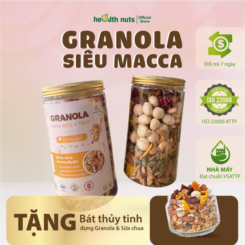 Granola hạt mix siêu Macca, không yến mạch Health Nuts. Không ngọt ăn kiêng giảm cân hiệu quả