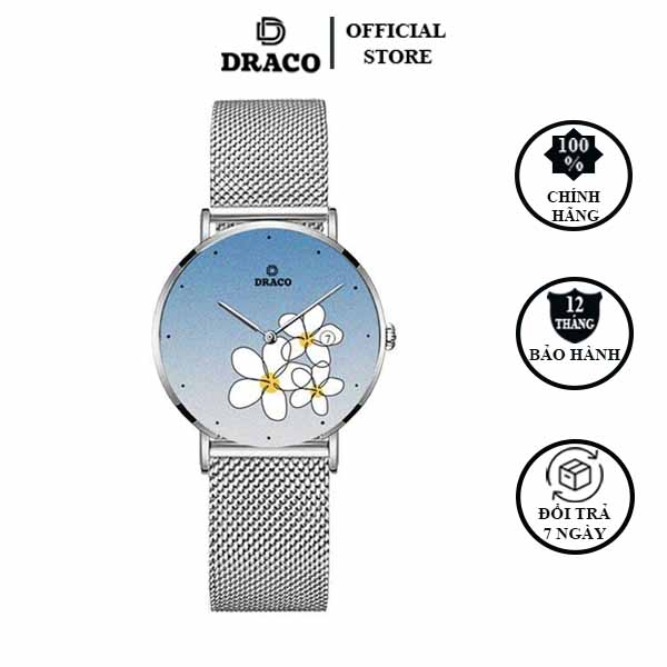 Đồng hồ nữ Draco D22-STN01 "Flower Garden" xanh kết hợp chất liệu dây lưới màu bạc-phụ kiện thời trang nữ nhẹ nhàng tinh