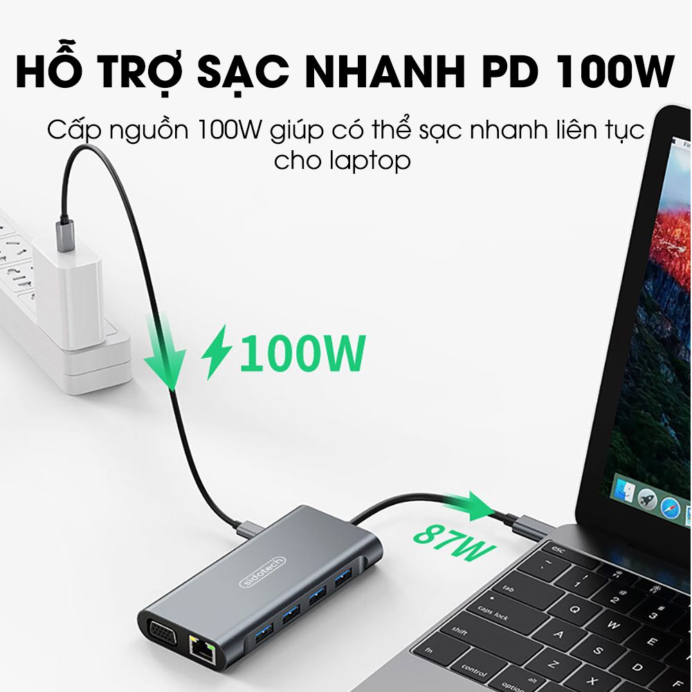 Hub chuyển đổi Type C USB 3.0 Sidotech 11 port bộ chia mở rông kết nối cho máy tinh laptop máy in điện thoại máy ảnh