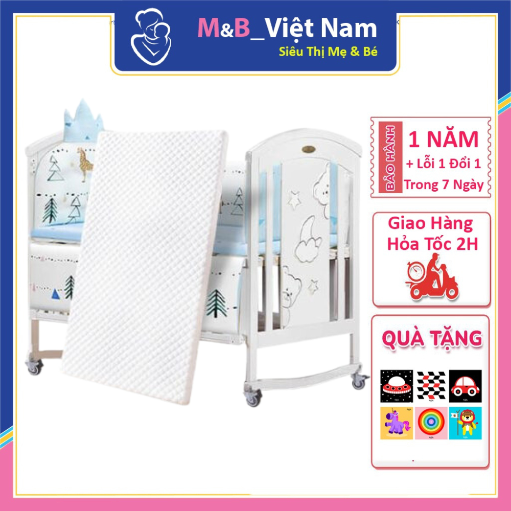 Nôi cũi đa năng 6 chế độ Chilux Peax - Whike/Pink - Combo trọn bộ nôi cũi+ bộ quây đệm hoàng gia + nệm xơ dừa.