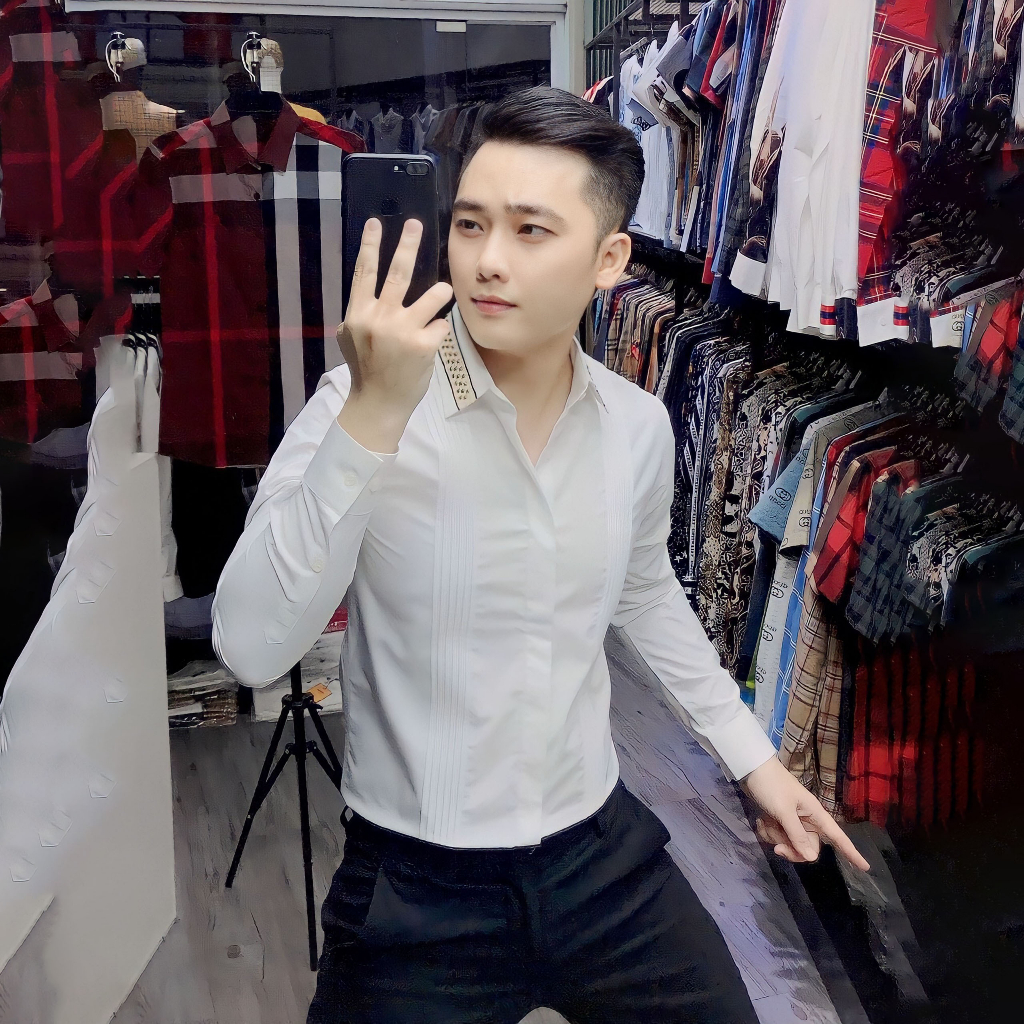 Áo Sơ Mi Nam Dày Tay Cotton Lụa Xếp Ly Hoạ Tiết Viền Đá Cổ Áo Chống Nhăn, Co Giãn, Trẻ Trung