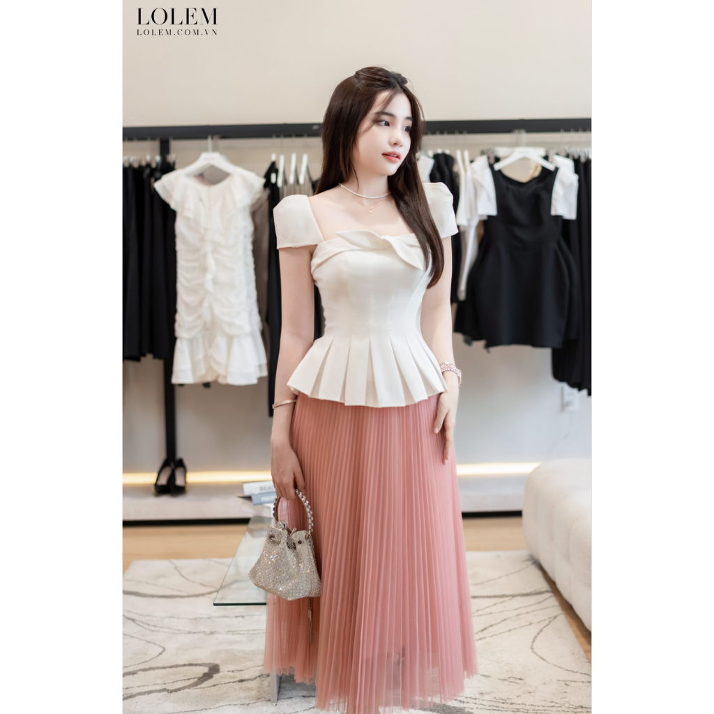 Áo peplum cổ vuông LOLEM AK1360 xếp ly xòe chất linen cotton thoáng mát