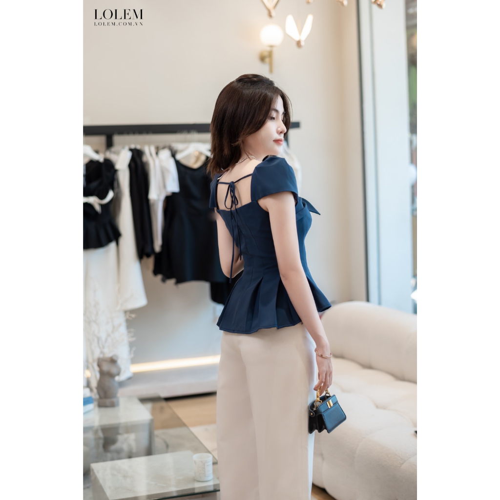 Áo peplum cổ vuông LOLEM AK1360 xếp ly xòe chất linen cotton thoáng mát