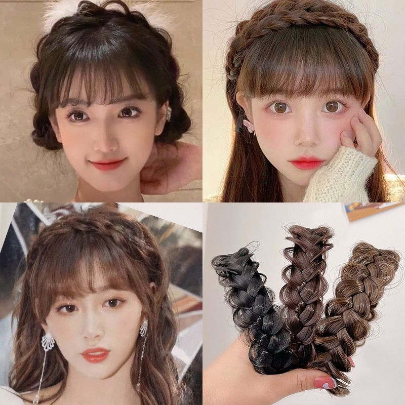 Beautycoco🍊Băng Đô Tóc Giả Kiểu Tóc Tết Bím Liền Mạch Có Mái Cho Nữ