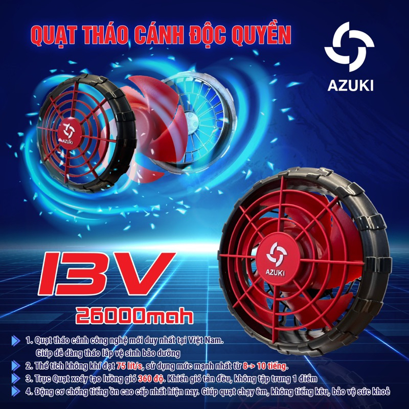 Quạt Azuki Super Ultra 2023 Công Nghệ Tháo Cánh Duy Nhất Tại Việt Nam, 13V Siêu Mạnh, BH 12 Tháng Chính Hãng