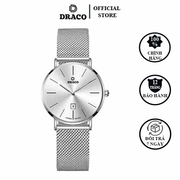 Đồng hồ nữ Draco D22-STN02 "Classic Girl" trắng kết hợp chất liệu dây lưới màu bạc phụ kiện thời trang nữ nhẹ nhàng