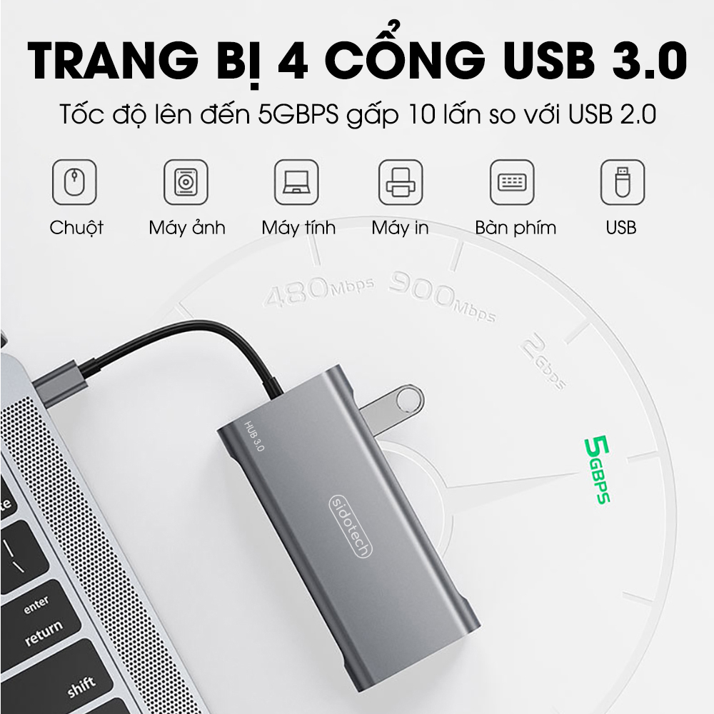 Hub chuyển đổi Type C USB 3.0 Sidotech 11 port bộ chia mở rông kết nối cho máy tinh laptop máy in điện thoại máy ảnh