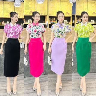 Áo sơ mi cổ lá nhọn + chân váy bút chì có bán rời