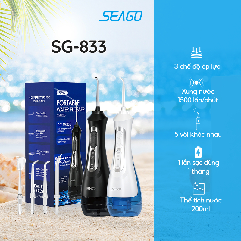 Tăm nước với 3 chế độ áp lực/ 5 vòi khác nhau/ Xung nước 1500 lần/ phút Seago SG-833 - Hàng chính hãng