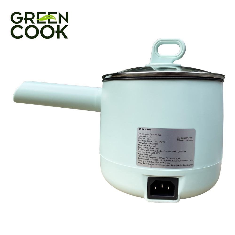 Ca điện đa năng chống dính ( 2 chấu ) Green Cook GCEK-05D02 600W 0.5L tiện lợi nấu mì, lẩu mini, đun nước, nấu cơm