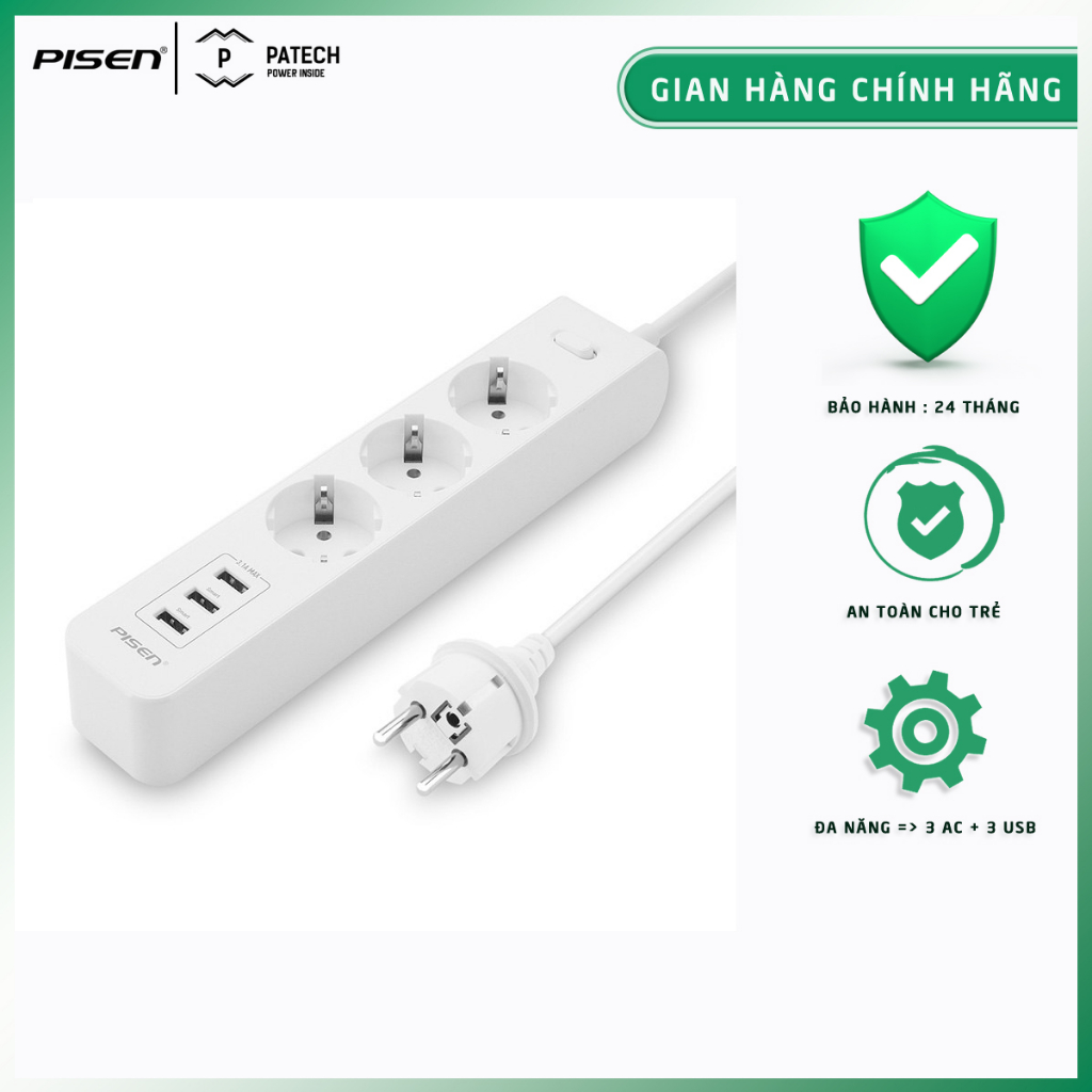 Ổ cắm điện Pisen 303-EP, 3 cổng sạc AC, 3 cổng sạc USB, bảo hành 18 tháng - Hàng chính hãng