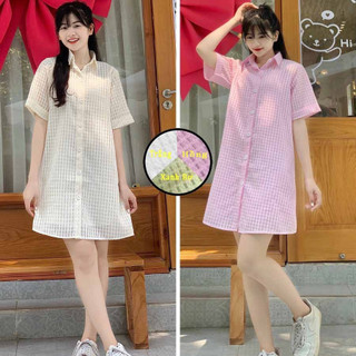 Váy sơ mi kẻ xốp dáng ngắn tay lỡ form rộng kèm lót váy 2 dây, Đầm sơ mi dáng suông tay ngắn họa tiết đan thừng Ulzzang