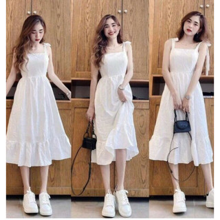 Váy trắng nữ 2 dây buộc nơ cực điệu thiết kế đuôi cá dáng xòe
