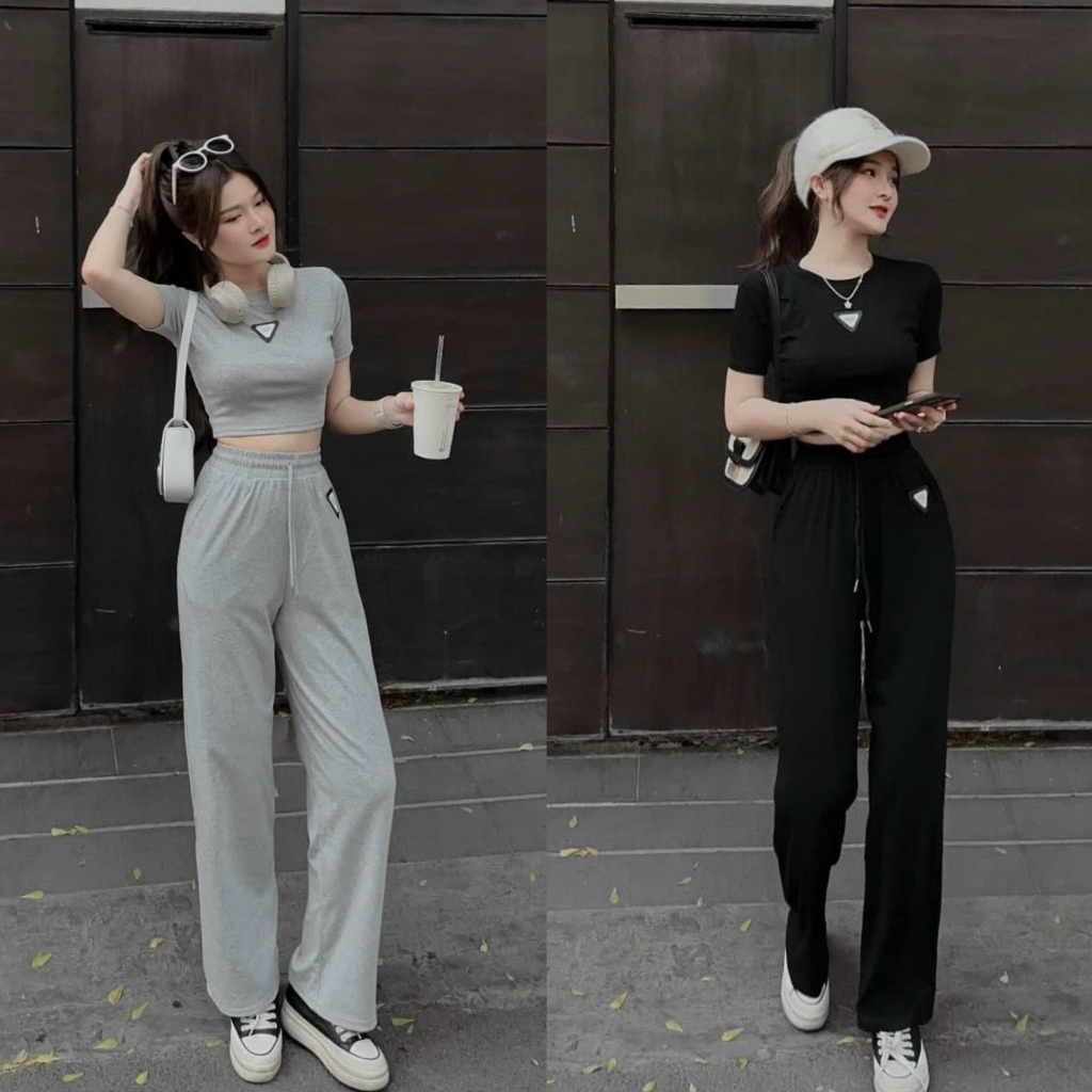 Set bộ thun gân gắn logo áo croptop mix quần ống rộng với 2 tone màu cá tính, sang chảnh cho các chị em đi chơi