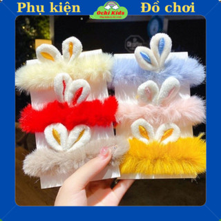 Dây buộc tóc vải lông mềm tai thỏ, dây cột tóc lông thỏ phong cách Hàn Quốc mới nhất cho bé gái.