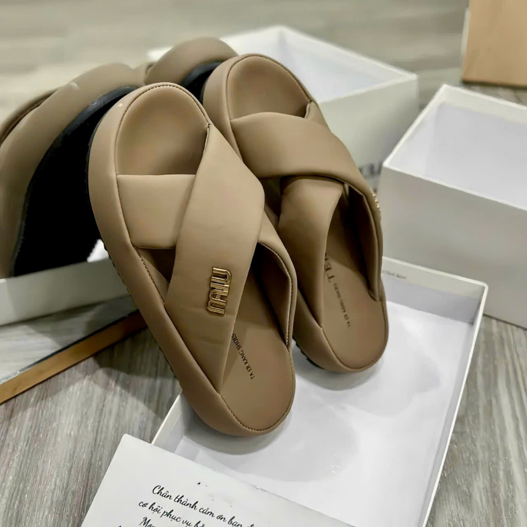 Dép Míu Miu Quai Chéo May Phồng Đế bằng Chống Trượt Cao 3 Phân Siêu Êm Nhập Khẩu Cao Cấp 1318