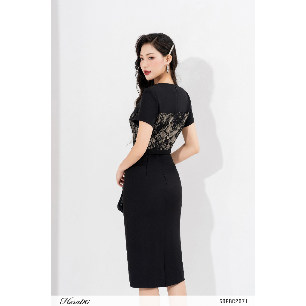 Đầm ôm công sở HeraDG thiết kế cổ V tay ngắn phối ren thân trên kèm đai eo rời SDPBC2071