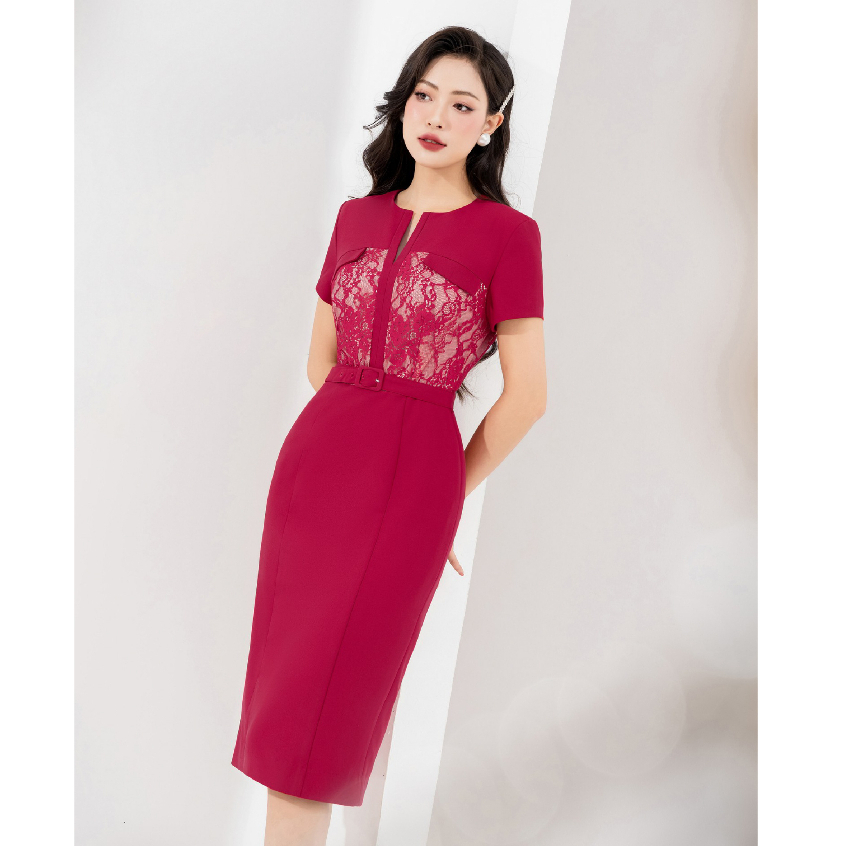 Đầm ôm công sở HeraDG thiết kế cổ V tay ngắn phối ren thân trên kèm đai eo rời SDPBC2071